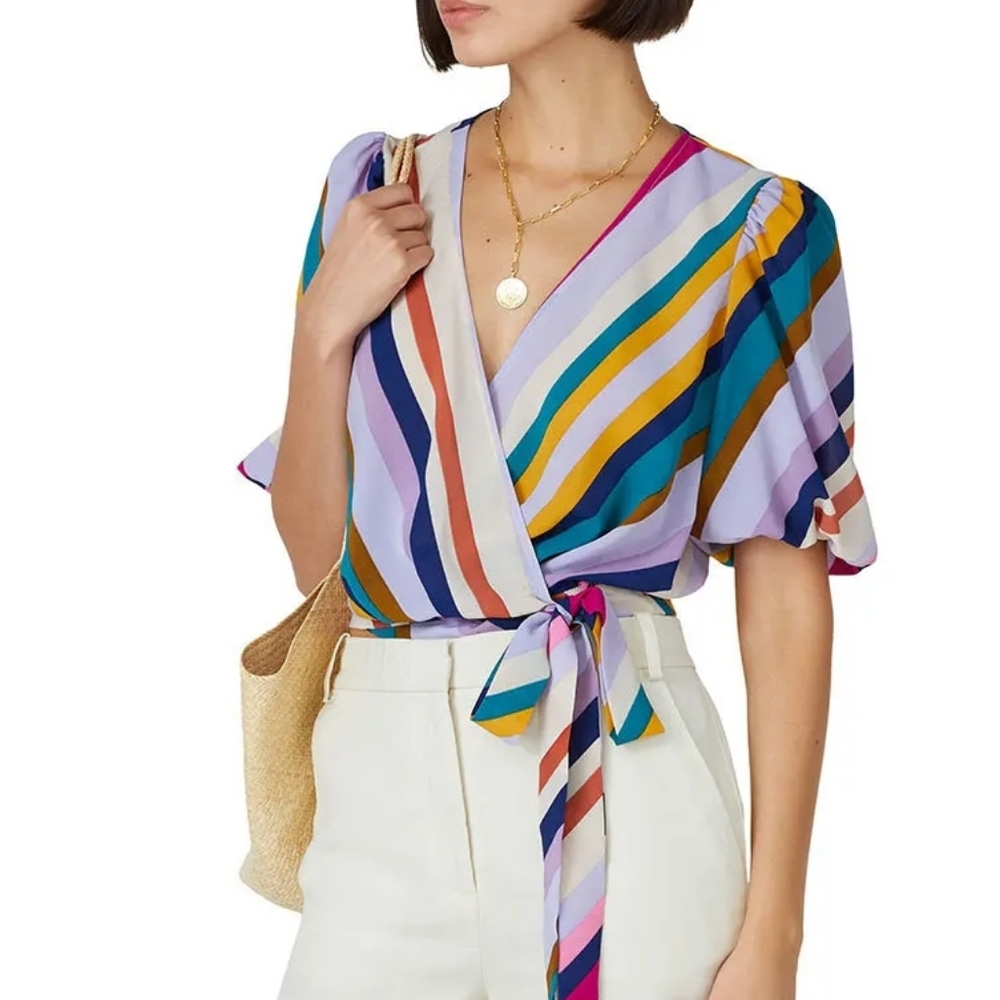 Great Jones Colorful Striped‎ Wrap V-Neck Blouse Size Medium